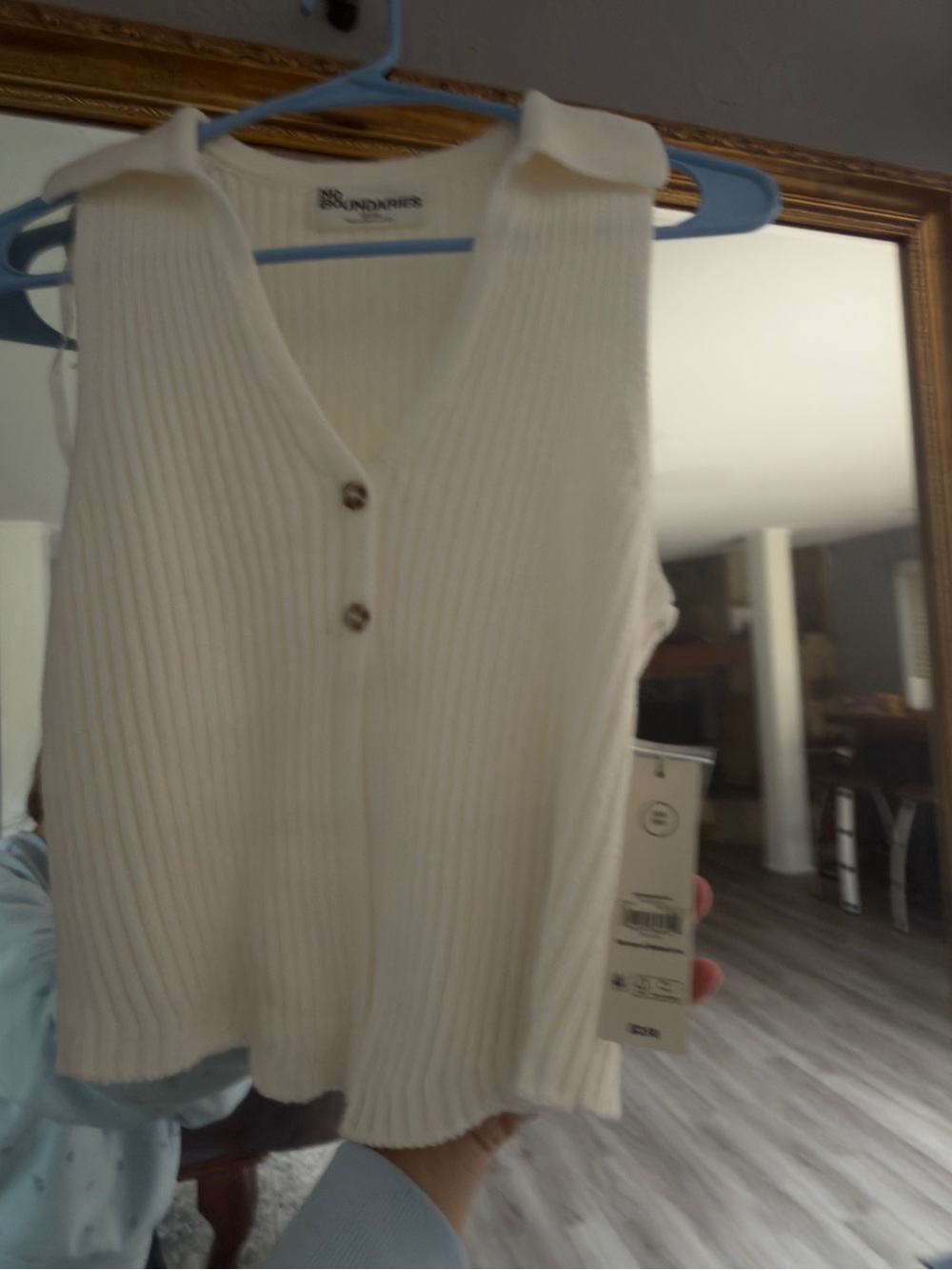 No Boundaries Cream Ribbed Button-Front Collared Tank - Picture 3 of 3
